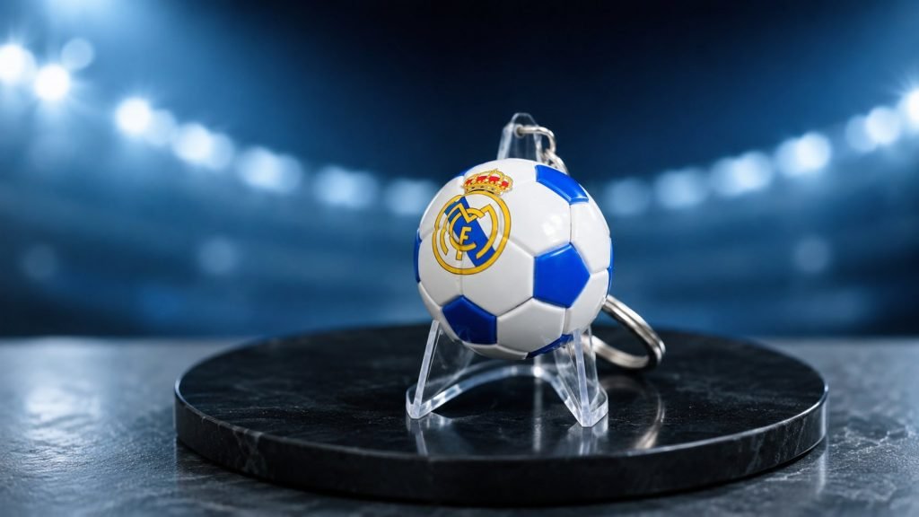 Blue-and-White Football Enamel Keychain — front display view
