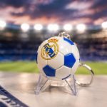 Blue-and-White Football Enamel Keychain — angled detail view