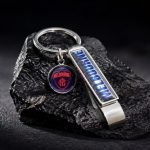 Branded Spirit Level Metal Keychain — angled detail view