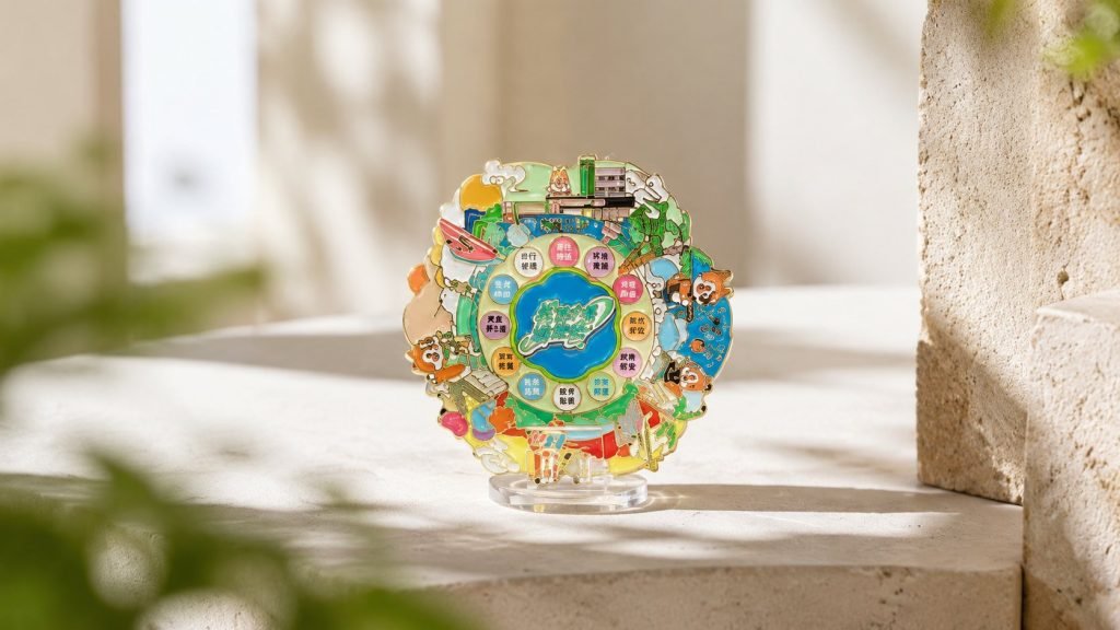Chengdu Culture Icons Round Enamel Pin — front display view