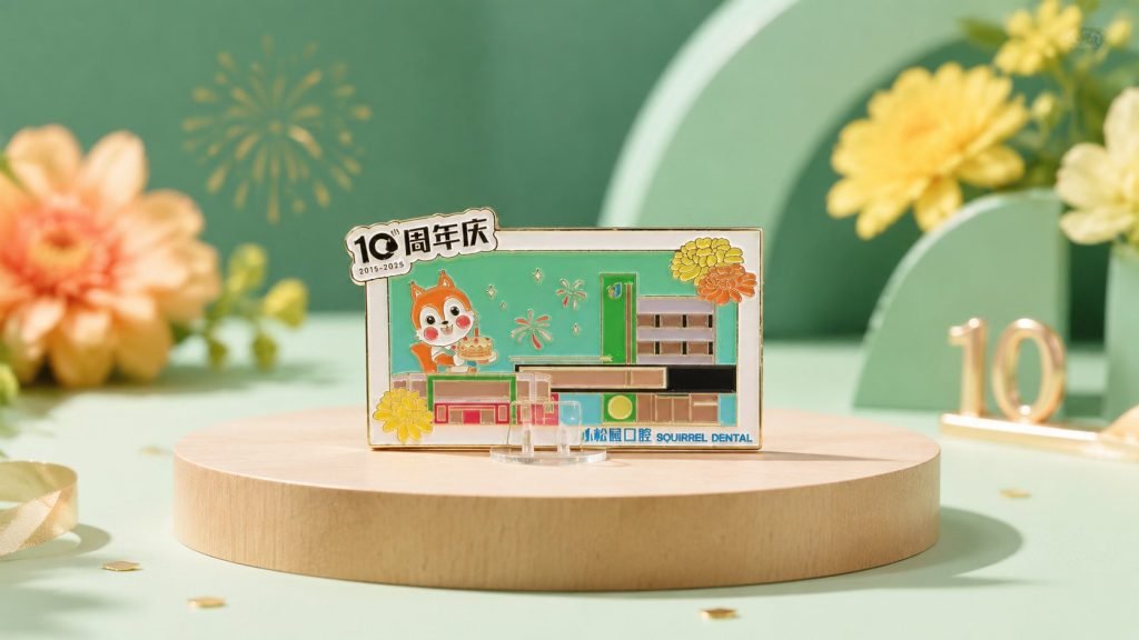 Dental Clinic 10th Anniversary Building Pin — front display view