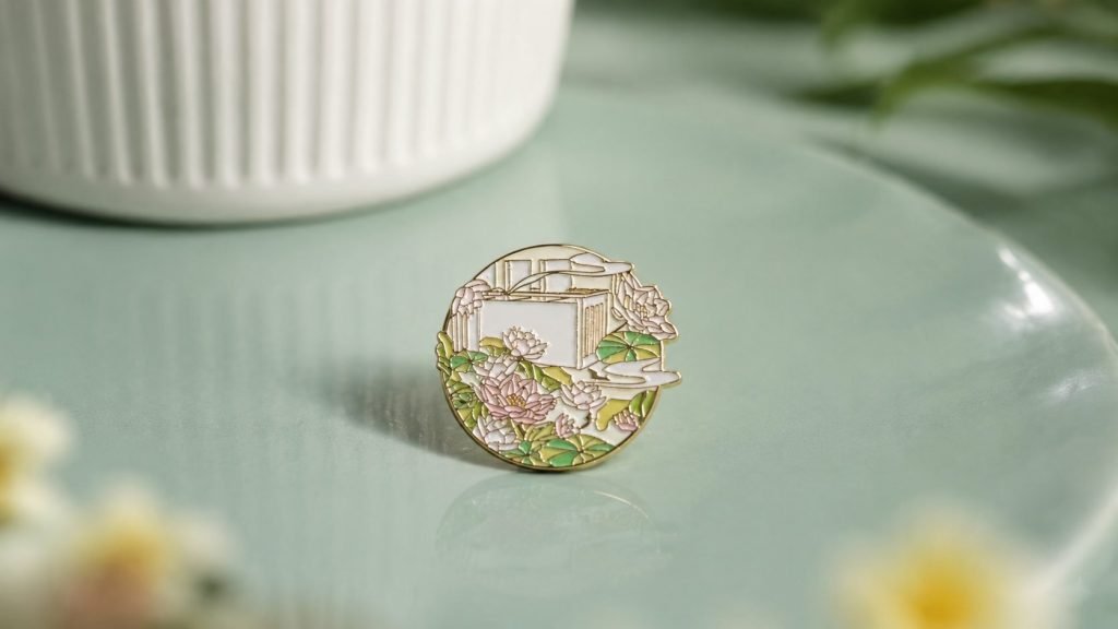 Garden Window Landscape Openwork Enamel Pin — front display view