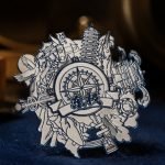 Nautical Compass and Harbor Relief Enamel Pin — angled detail view