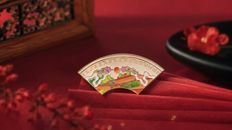 Palace Garden Folding Fan Enamel Pin — front display view