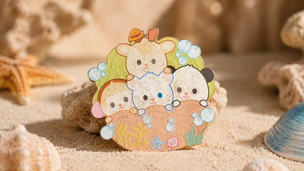 Pastel Beach Friends Character Enamel Pin — front display view