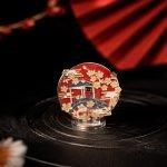 Red Pavilion and Blossom Enamel Pin — presentation view