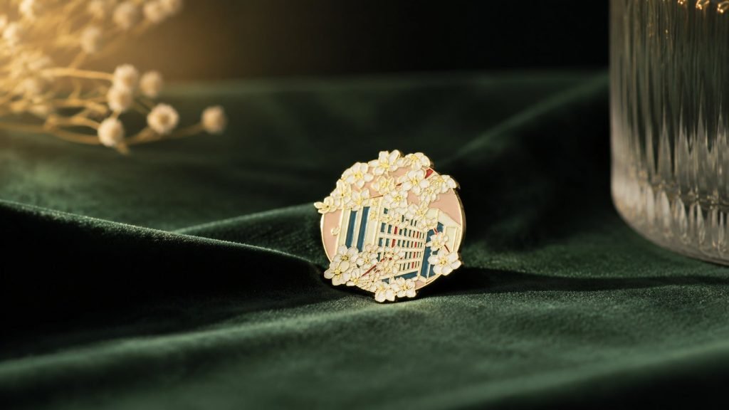 Twin Towers Floral City Enamel Pin — front display view