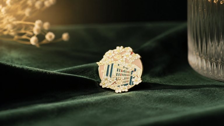 Twin Towers Floral City Enamel Pin — front display view